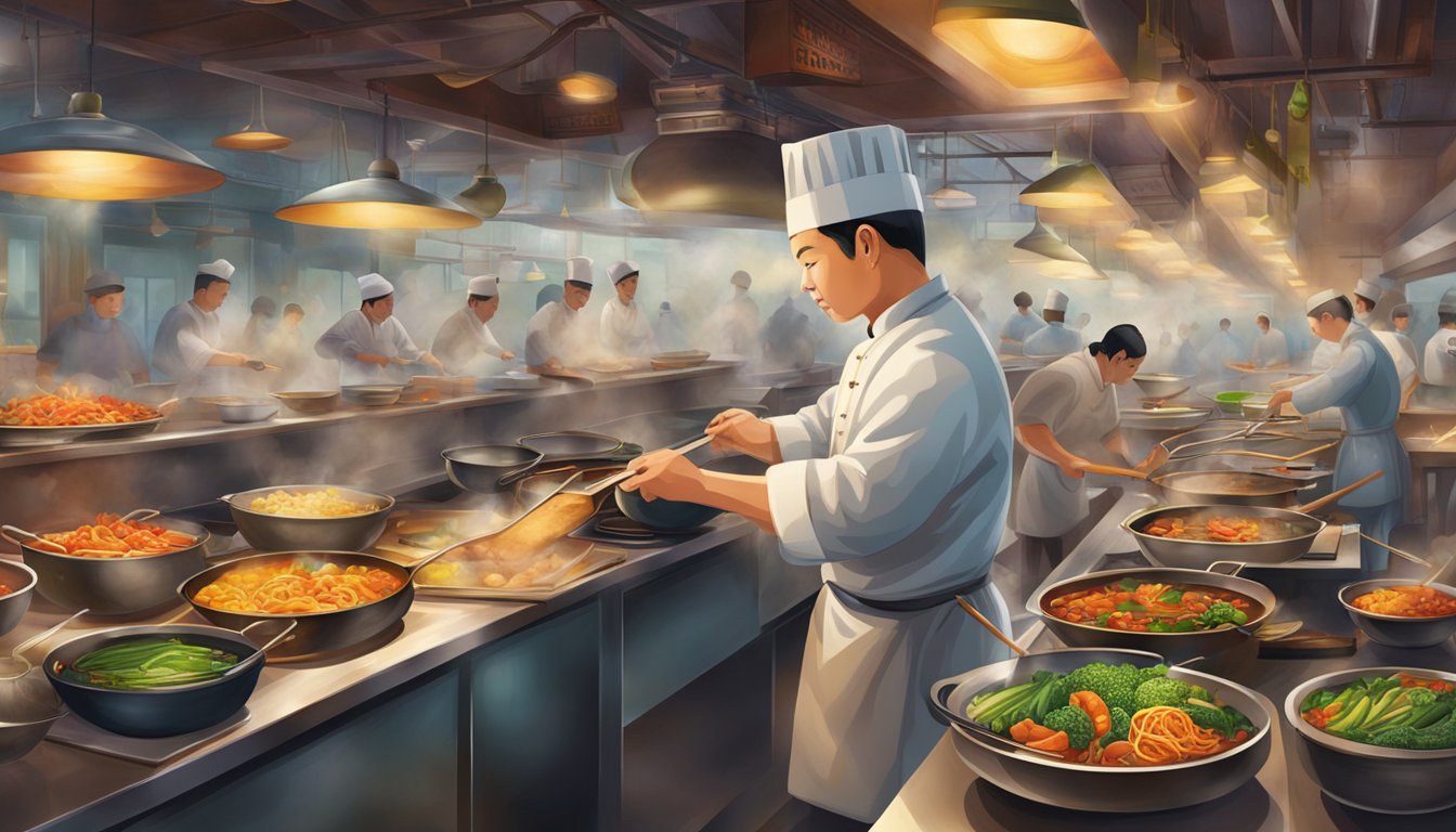 The bustling kitchen of Jin Long Restaurant, filled with sizzling woks, steaming pots, and colorful ingredients. A chef expertly prepares a traditional dish