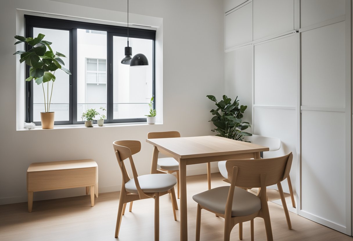 A small room with minimalist cheap Scandinavian furniture in Singapore. White walls, light wood tables and chairs, and simple, functional design