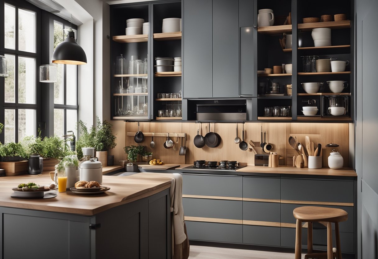 A cozy, organized kitchen with clever storage solutions and stylish decor. Efficient use of space with small appliances and multi-functional furniture