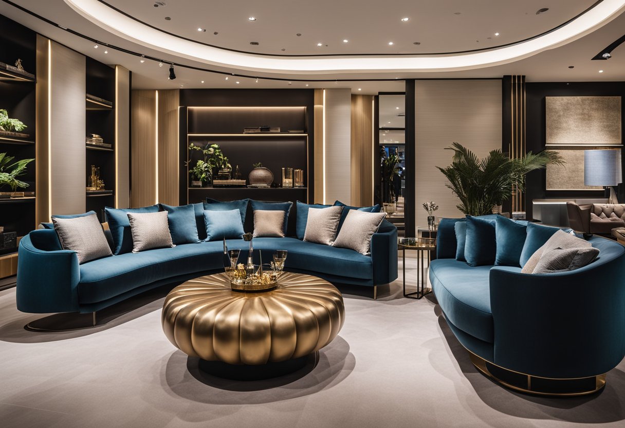 Luxurious furniture brands showcased in a sleek, modern showroom in Singapore. Elegant designs and high-quality materials on display