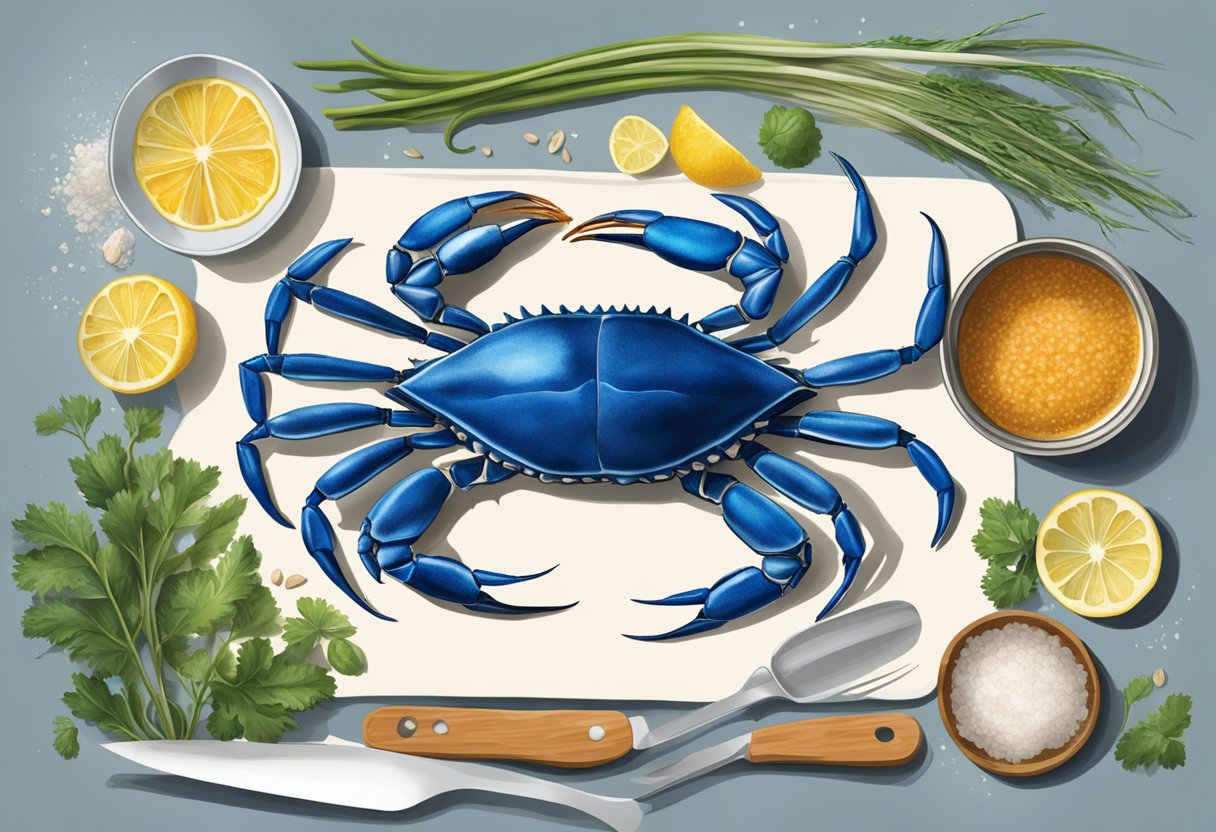 A blue swimmer crab being prepared with ingredients and utensils laid out on a kitchen counter