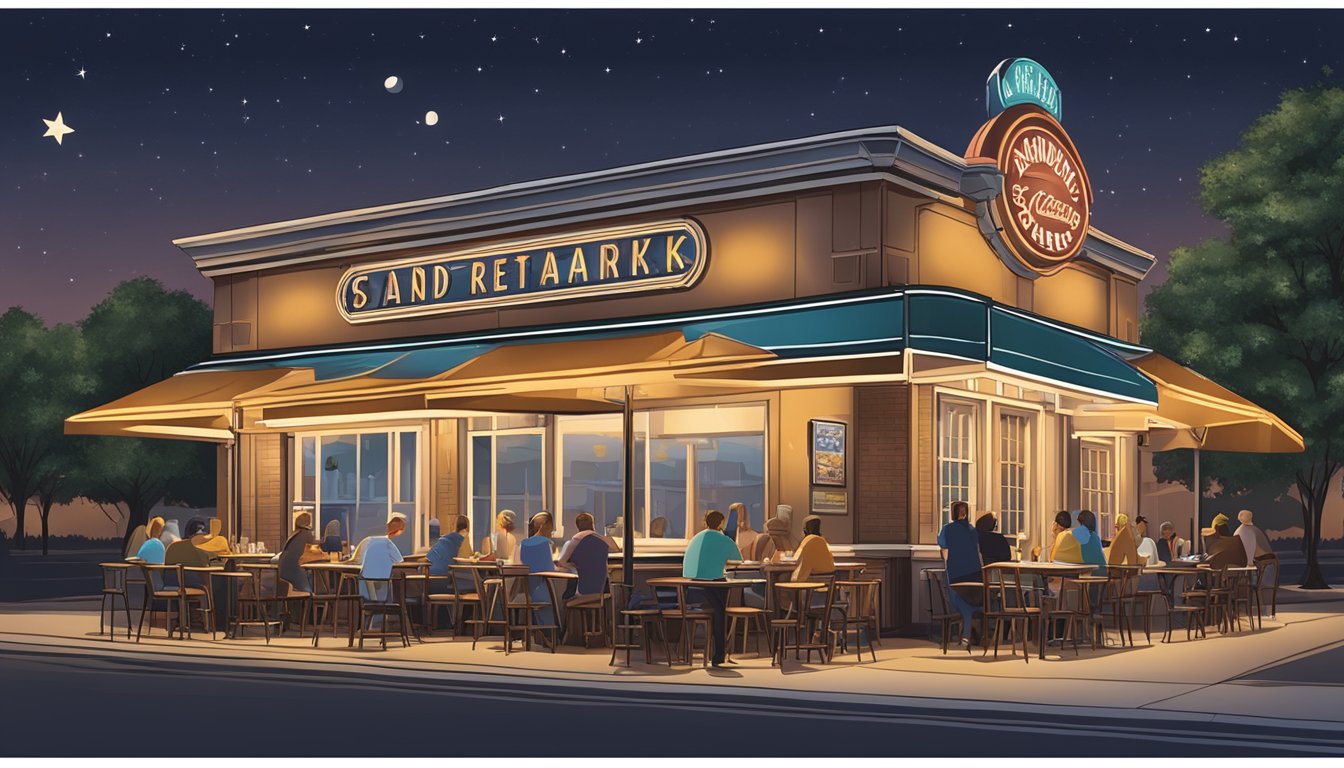 The landmark restaurant stands tall, its vintage sign glowing against the night sky. The outdoor seating area is bustling with diners, while the aroma of sizzling food fills the air