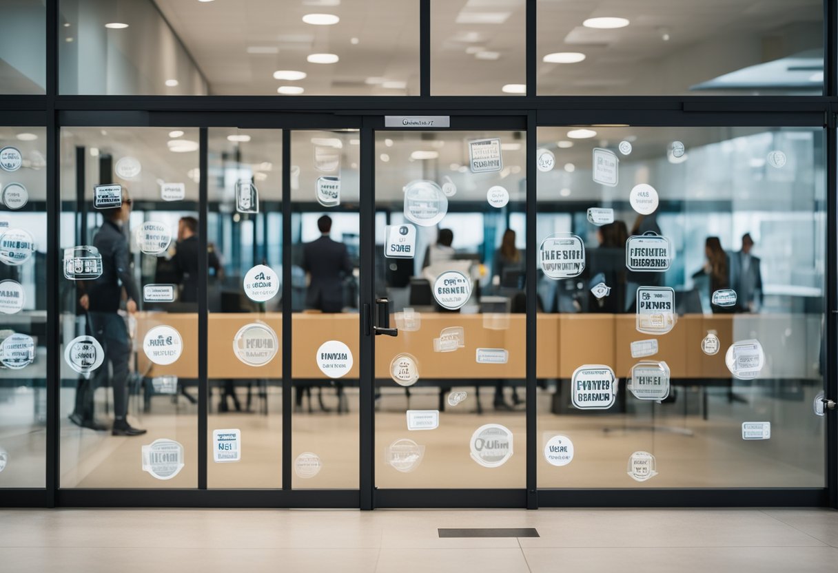 A busy office setting with people approaching a glass door covered in "Frequently Asked Questions" stickers. The stickers are clear and easy to read, with a professional and modern design