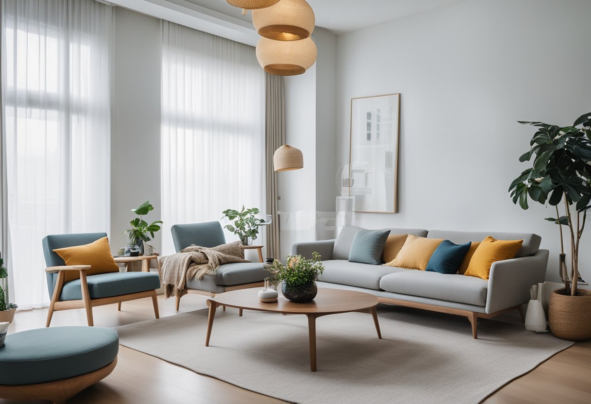 A cozy living room with sleek, minimalist Scandinavian furniture displayed in a bright and airy showroom in Singapore