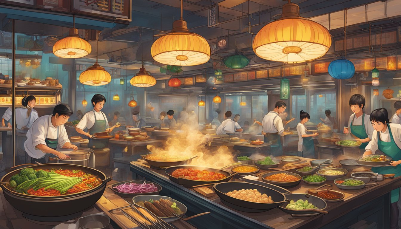The bustling atmosphere of Jin Long Restaurant, with steaming woks, sizzling grills, and colorful ingredients, creates an exciting and vibrant scene for an illustrator to recreate