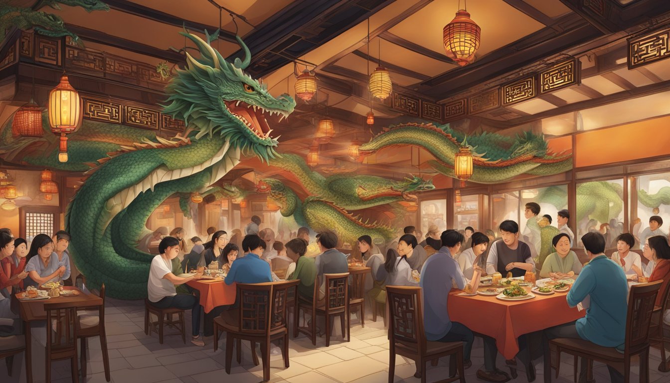 A bustling restaurant with a dragon-themed decor, filled with customers enjoying traditional Chinese cuisine