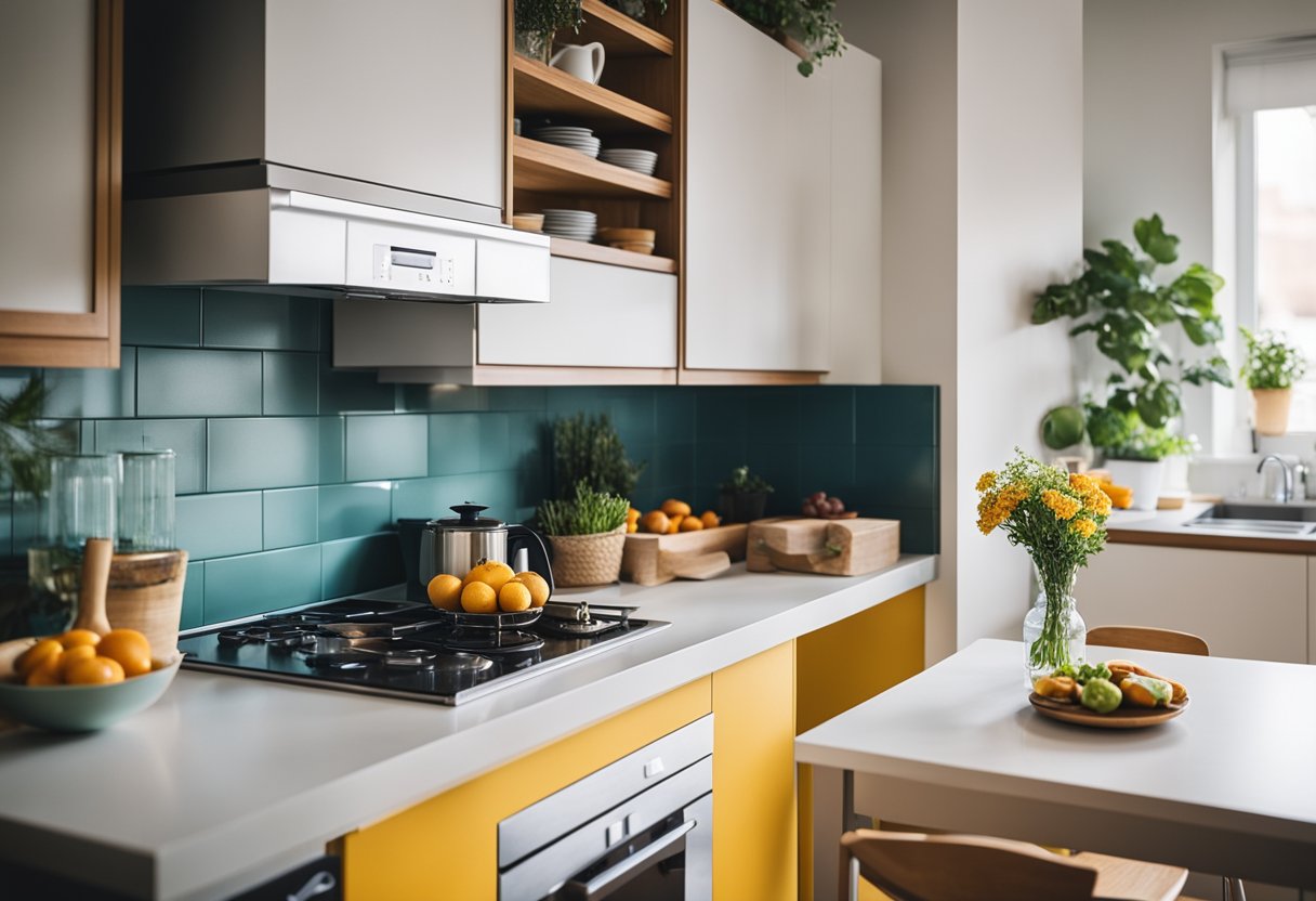 A cozy kitchen with compact appliances, clever storage solutions, and a small dining area. Bright colors and natural light create a welcoming atmosphere