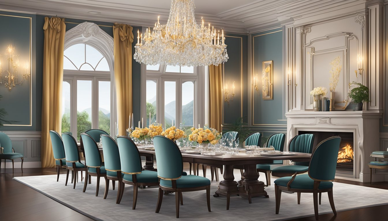 The elegant dining room features ornate chandeliers, plush velvet chairs, and a grand fireplace, creating a luxurious and sophisticated atmosphere
