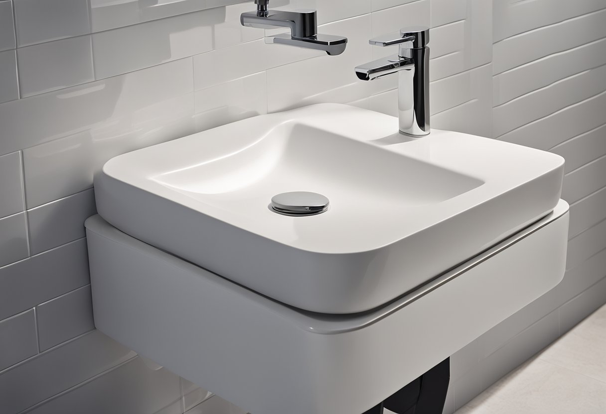 A modern toilet sink with sleek, minimalist design. Chrome faucet, rectangular basin, and clean lines. White tiled backdrop and subtle lighting