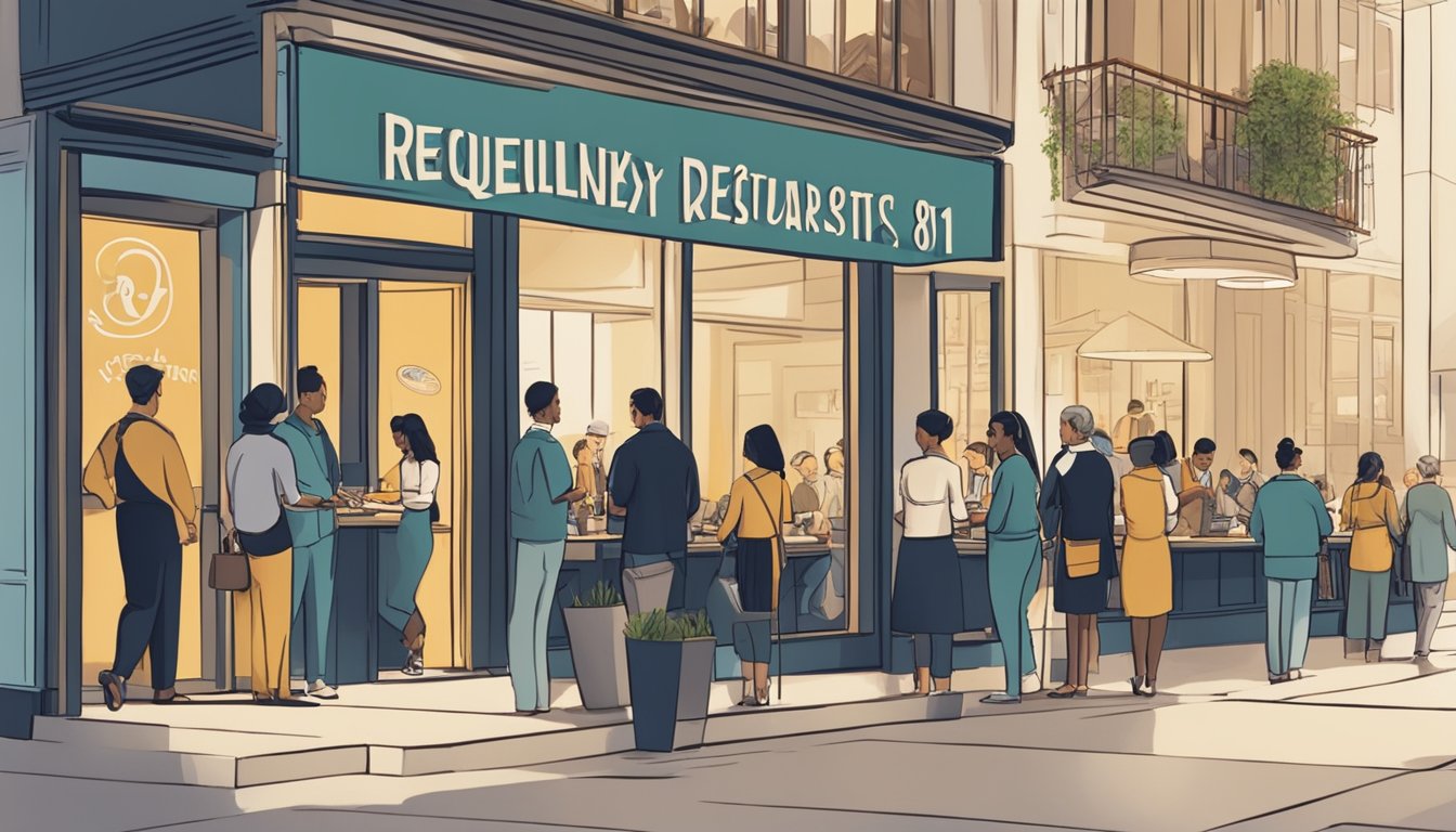 Customers line up at the entrance of a modern restaurant with a sign that reads "Frequently Asked Questions restaurant 81." The interior is bustling with activity as waitstaff attend to tables and the kitchen staff prepare meals
