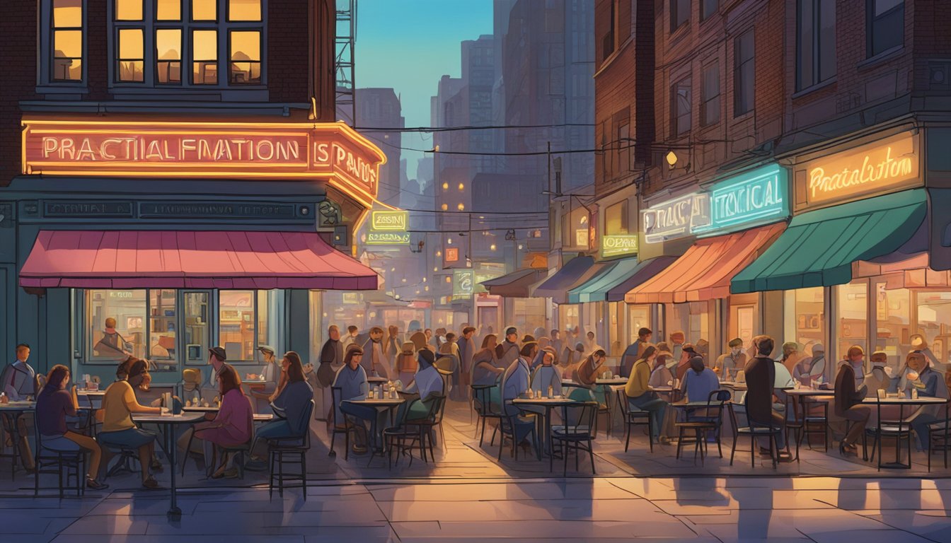 A bustling city street with a neon sign reading "Practical Information" above a crowded landmark restaurant. Tables spill onto the sidewalk, patrons enjoying meals under the glow of streetlights