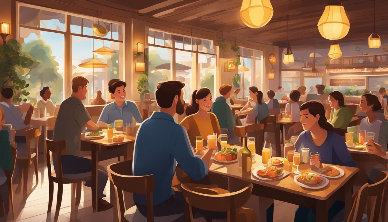 A bustling restaurant with warm lighting, filled with diners enjoying their meals and lively conversations. The aroma of delicious food fills the air, and the atmosphere is inviting and cozy