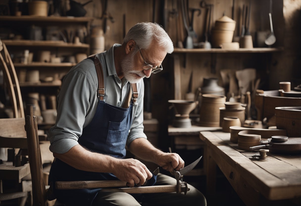 A skilled artisan expertly refurbishes a weathered wooden chair in a quaint workshop, surrounded by antique furniture and tools