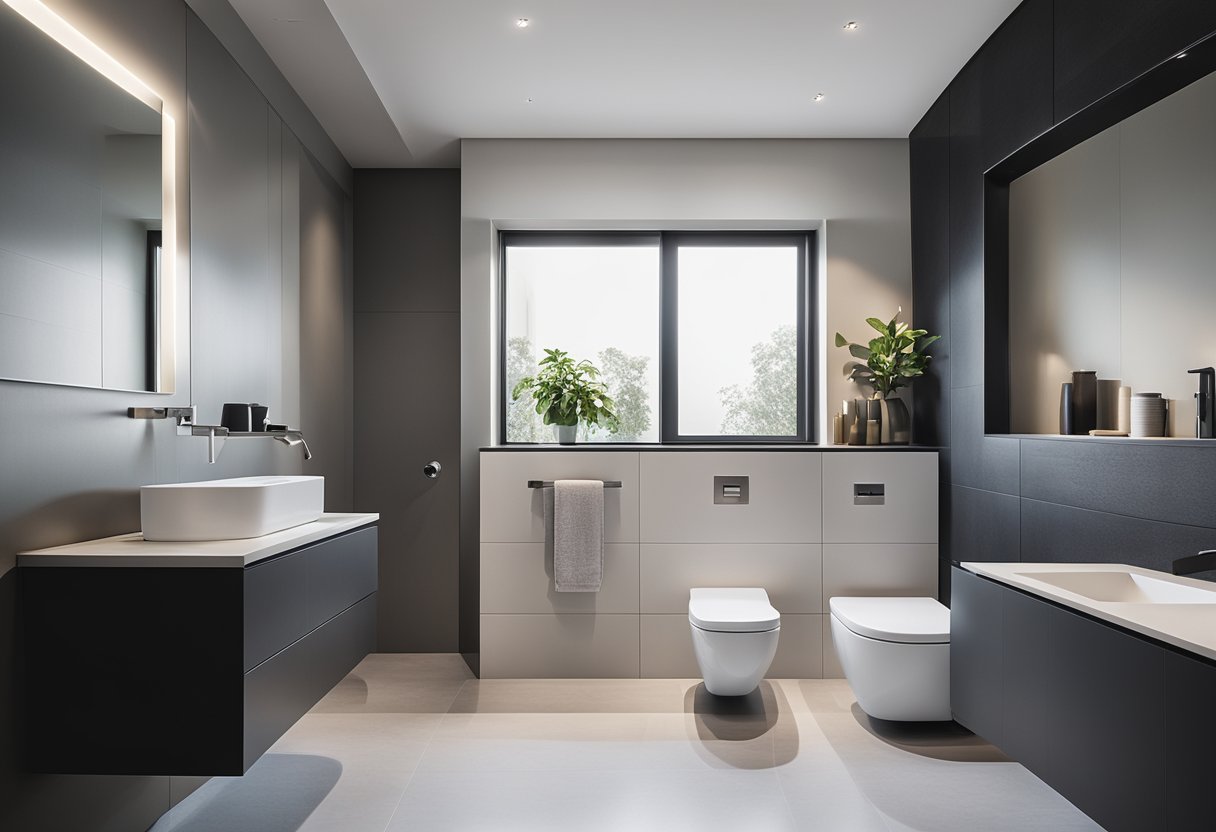A sleek, modern bathroom with a wall-mounted toilet sink combo, featuring clean lines and minimalist design