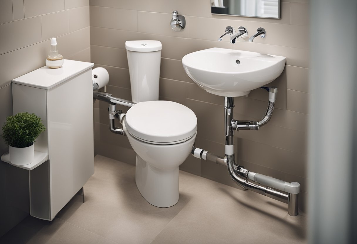 A plumber installs a toilet sink, connecting pipes and securing it to the wall. The sink's sleek, modern design complements the bathroom decor