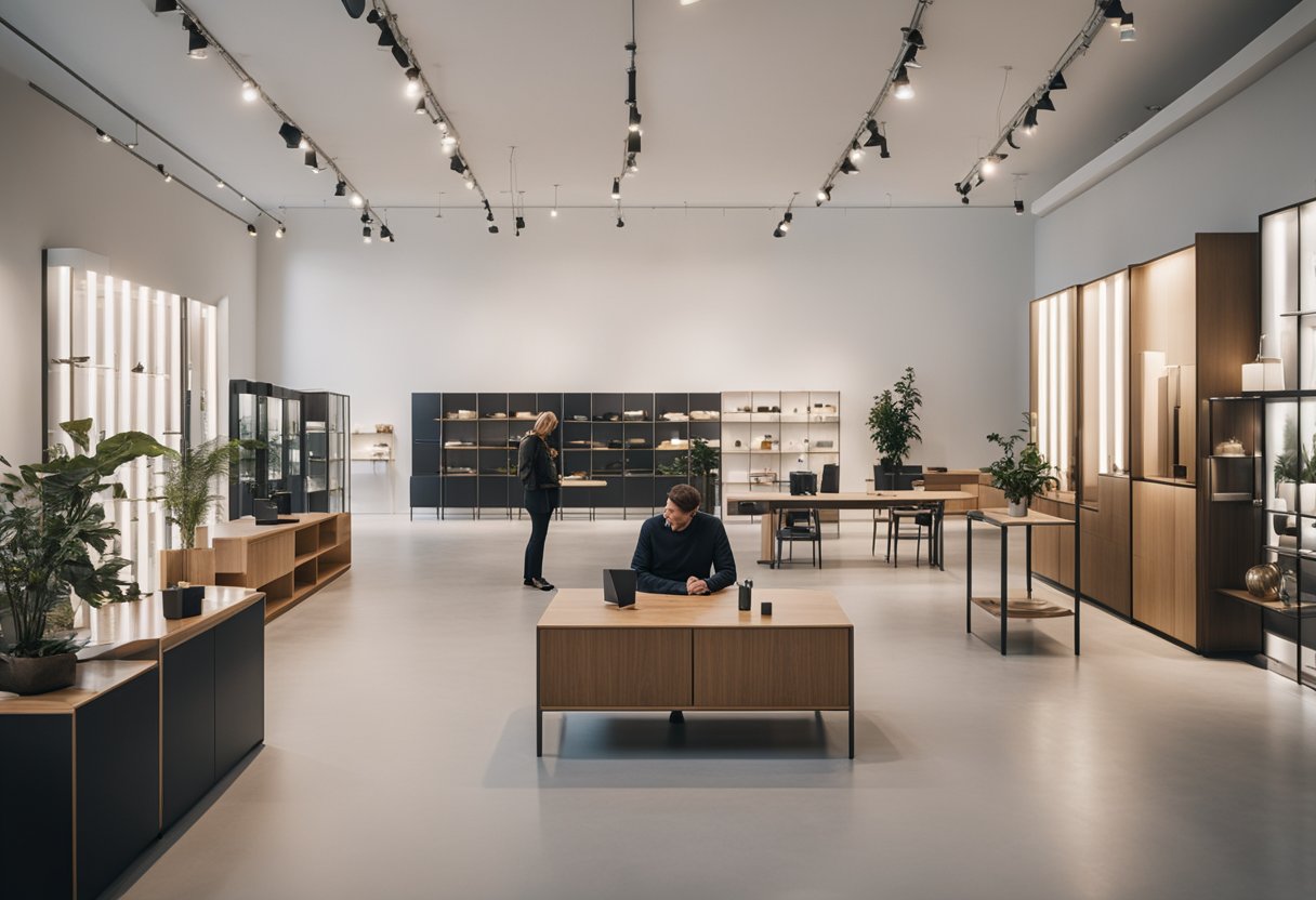 A customer browsing through a showroom of sleek, minimalist Scandinavian furniture, carefully inspecting each piece for their perfect choice