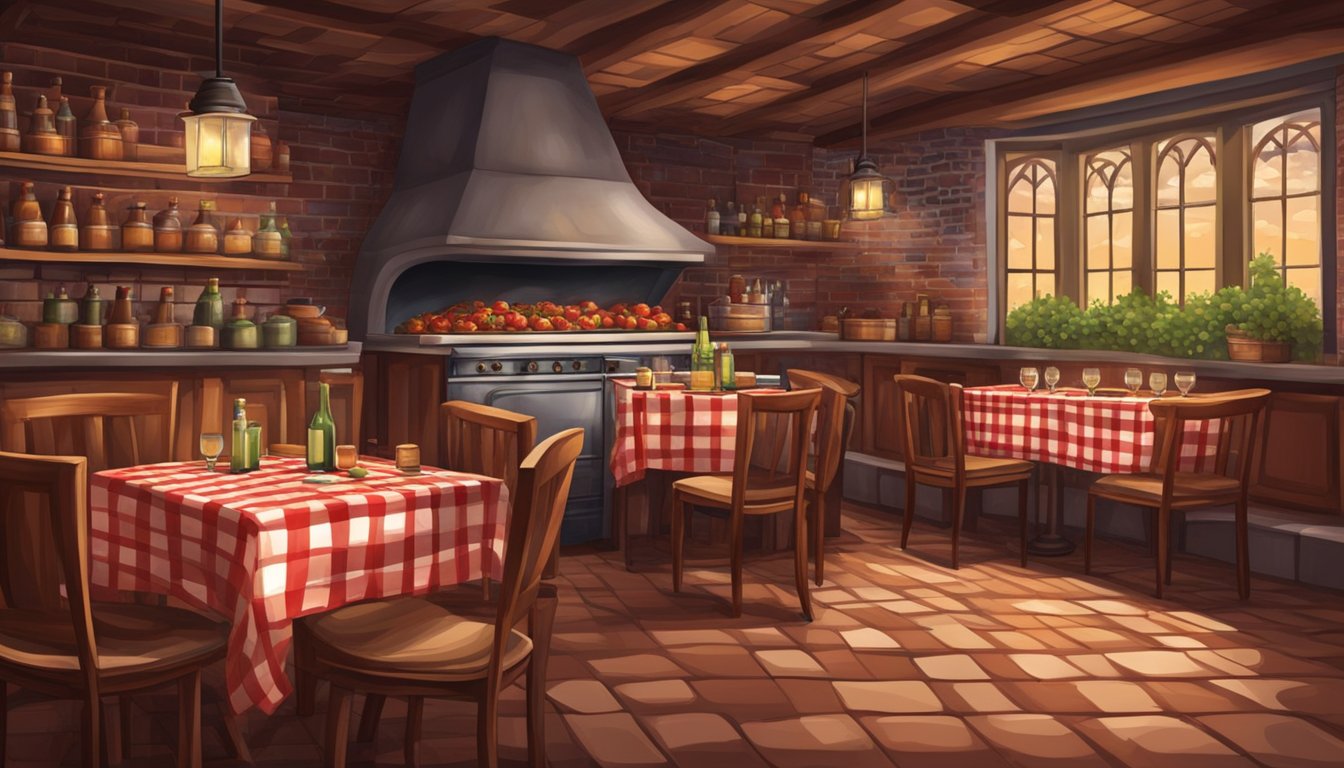 A cozy Italian restaurant with checkered tablecloths, dim lighting, and a brick oven. Wine bottles line the walls, and the aroma of garlic and tomatoes fills the air