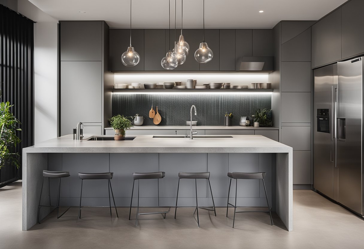 A modern kitchen with sleek cement countertops, stainless steel appliances, and minimalist design