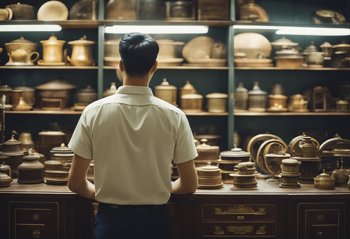 A vintage furniture enthusiast exploring hidden shops in Singapore, uncovering unique and timeless pieces to restore