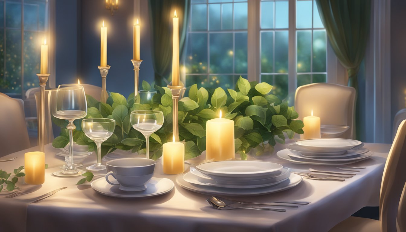 A cozy, candlelit table set with fine china and sparkling glassware, surrounded by lush greenery and soft lighting in an elegant restaurant setting