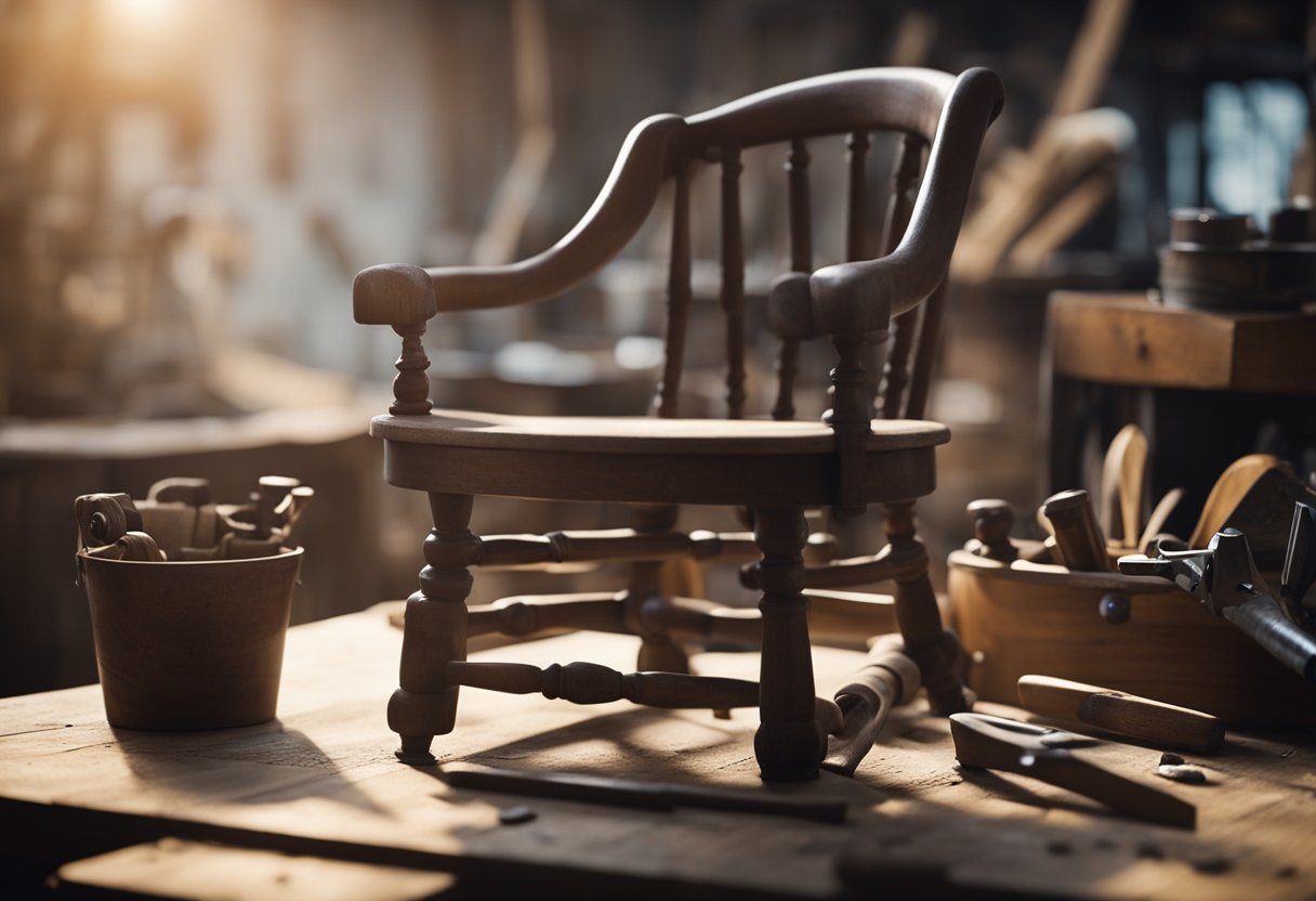 A vintage chair sits in a well-lit workshop, surrounded by tools and supplies. A pair of skilled hands carefully sands and varnishes the wood, restoring it to its former glory