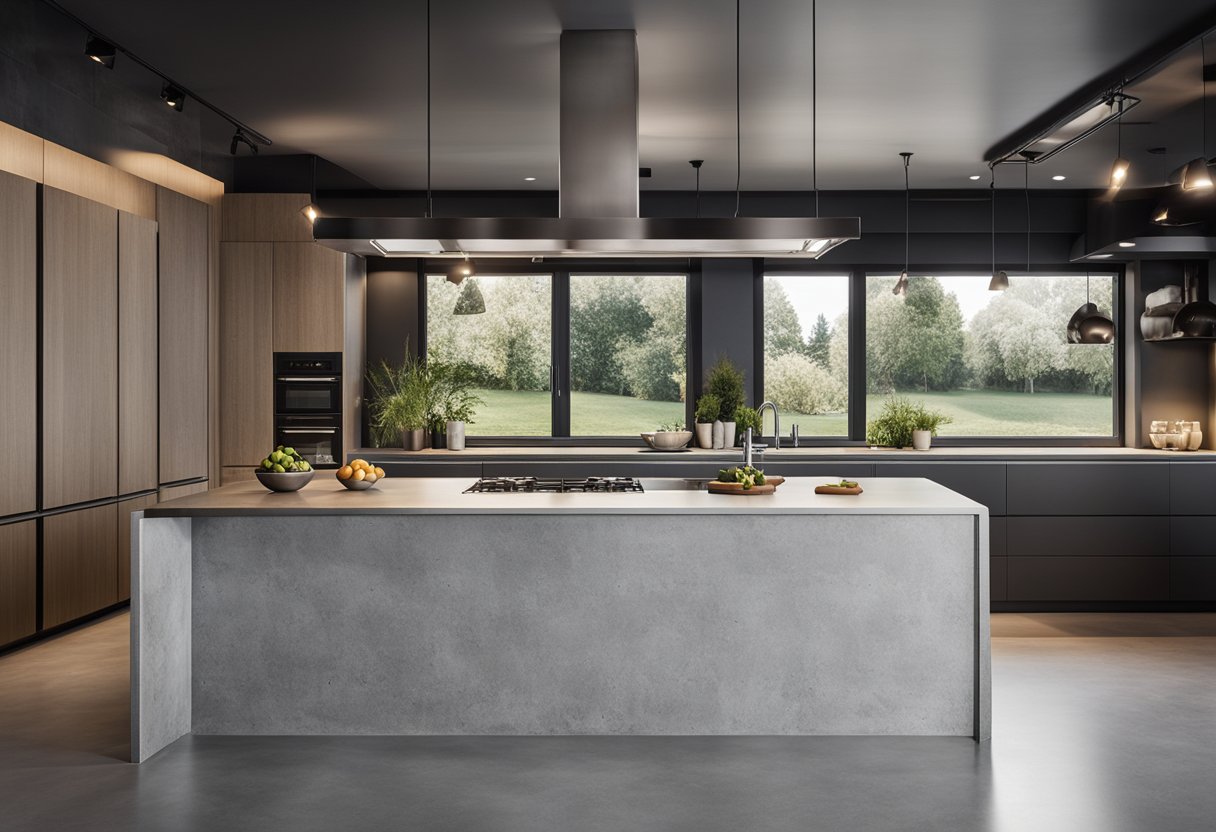 A modern concrete kitchen with sleek countertops, industrial pendant lights, and minimalist cabinetry