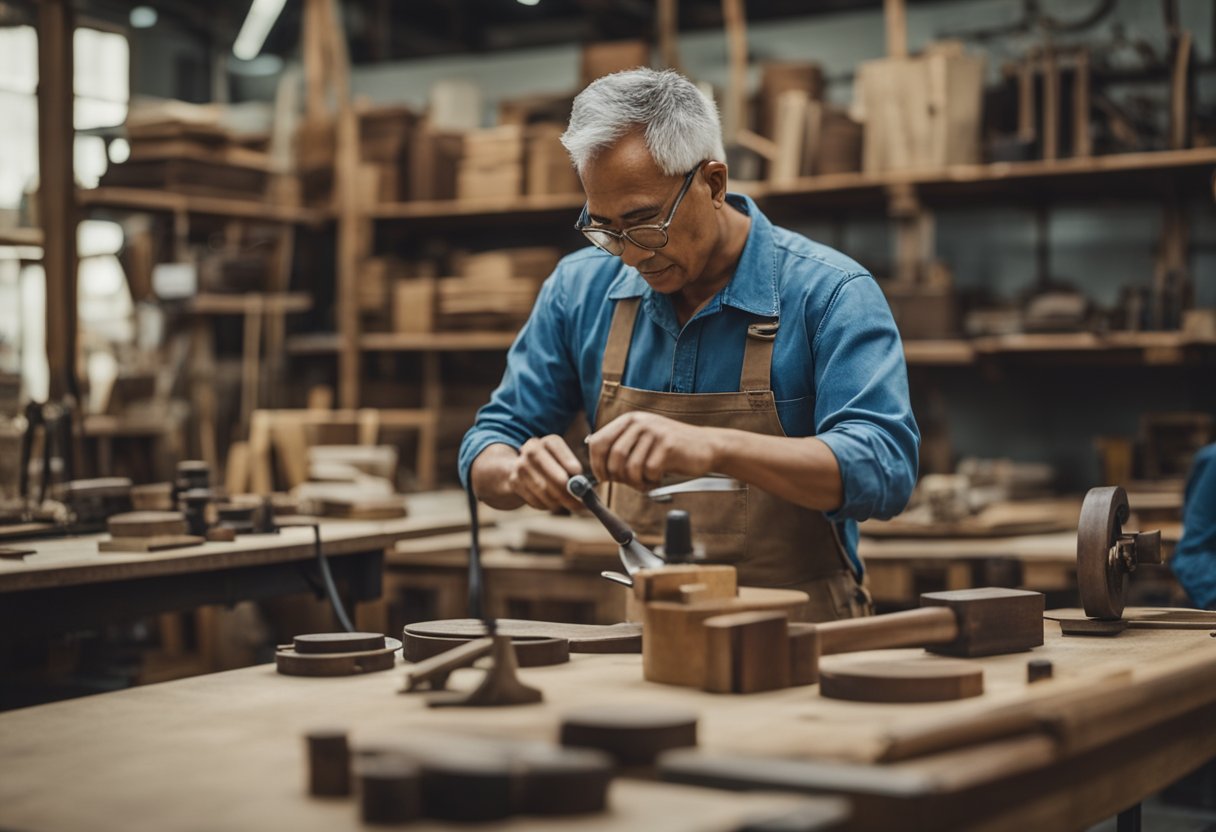 A vintage furniture restoration workshop in Singapore with tools, sandpaper, varnish, and a skilled craftsman at work