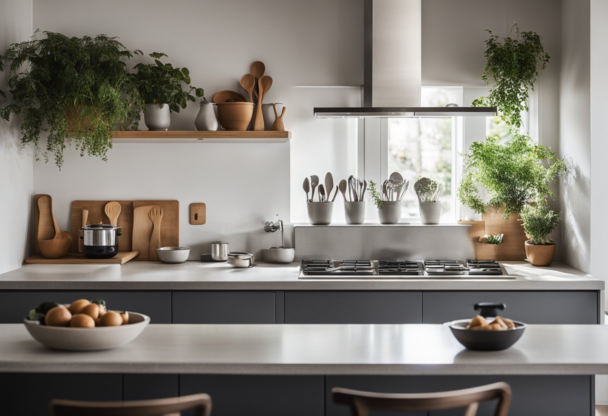 A modern kitchen with sleek cement countertops, hanging pots, and minimalist utensils. Bright natural light floods the space, highlighting the clean and functional design