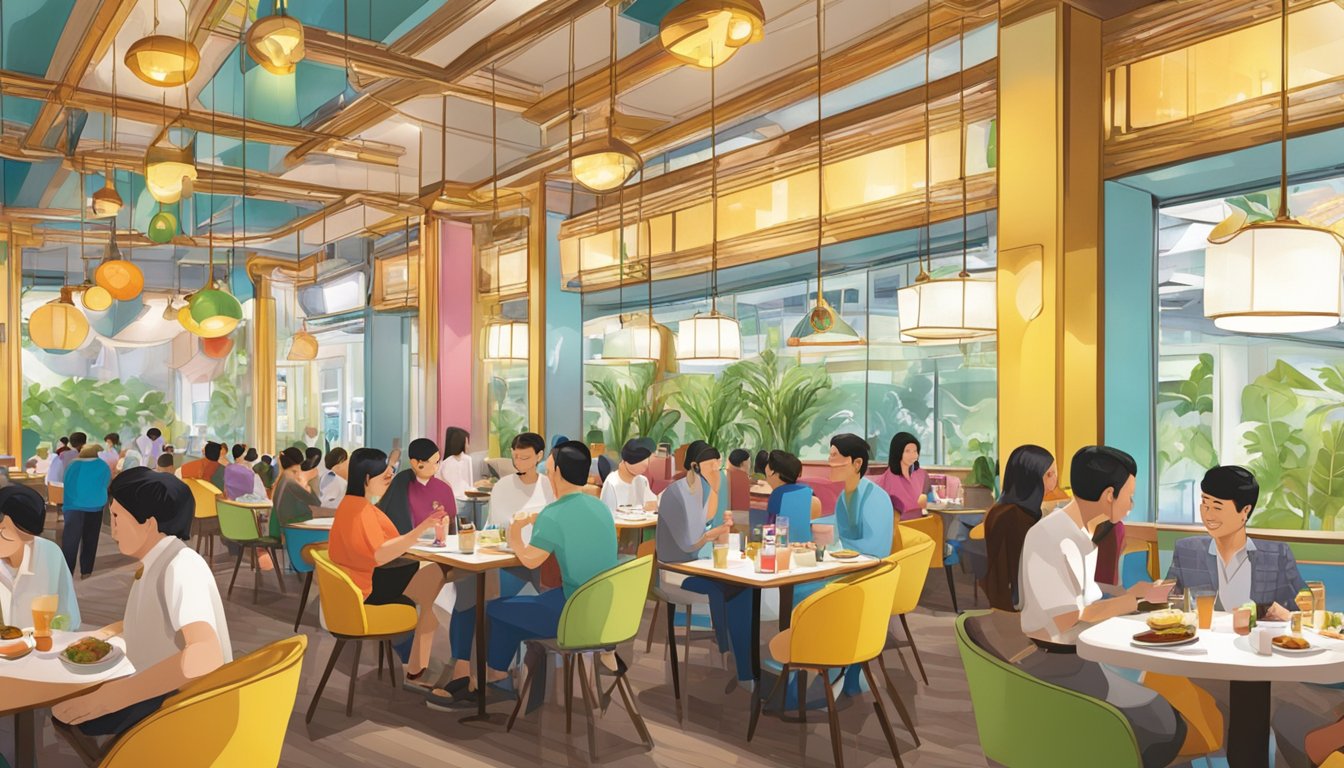 The bustling interior of ABC Restaurant in Singapore, filled with diners and colorful decor