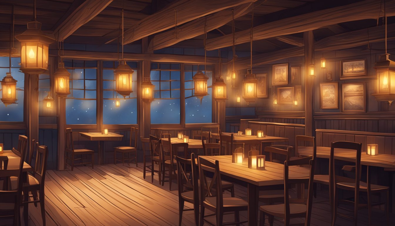 An old restaurant with weathered wooden tables and chairs, dimly lit by hanging lanterns. A large fireplace crackles in the corner, casting a warm glow over the cozy space