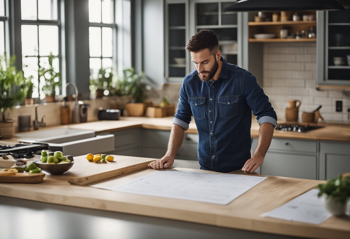 A designer measures kitchen space for overhead cabinets, considering budget and planning