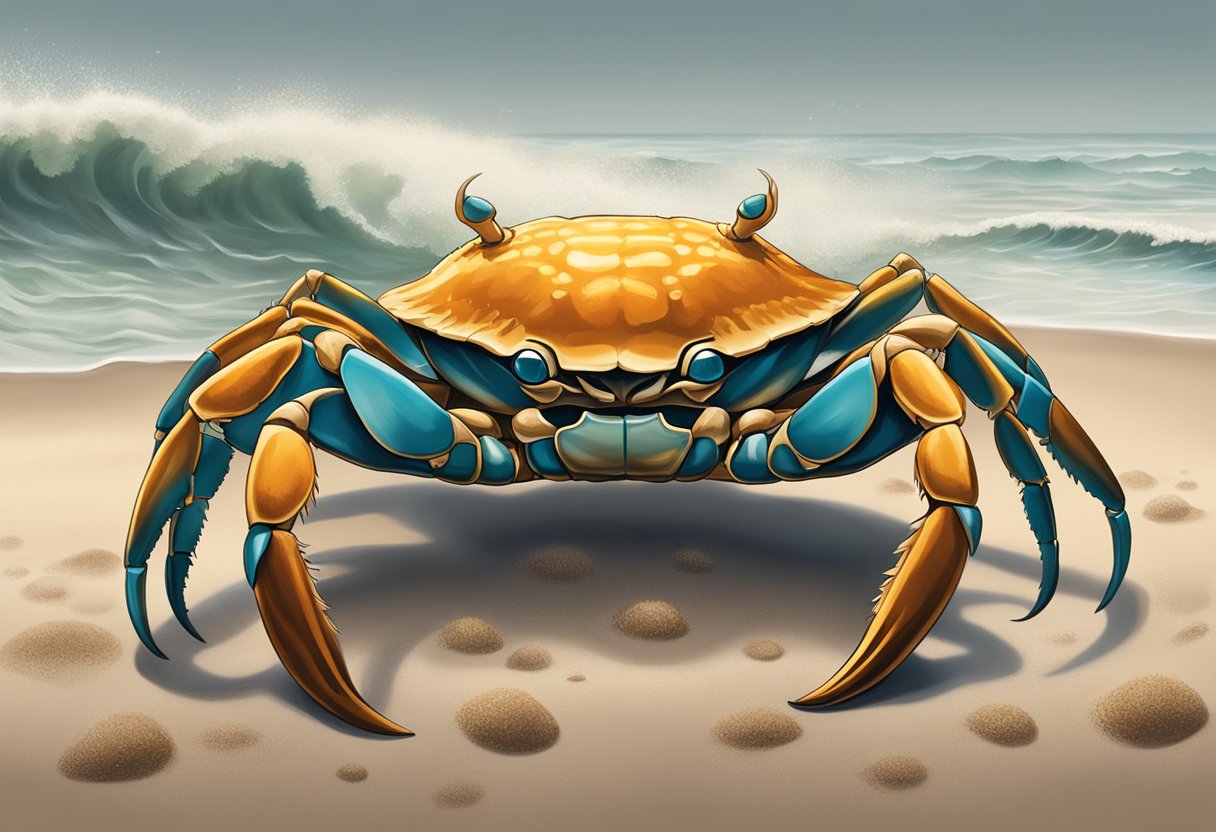 A live crab with sharp claws and a hard shell, sitting on a bed of wet sand with waves crashing in the background