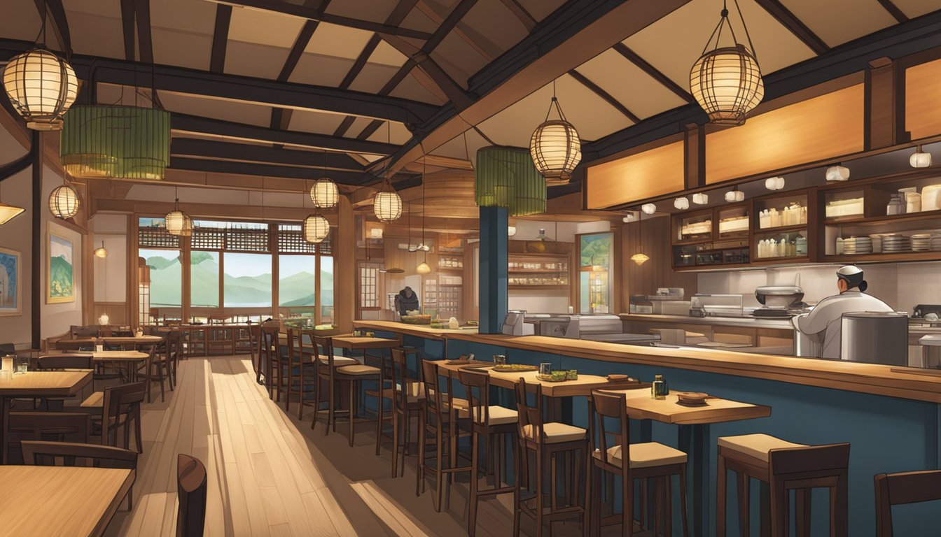 The Suju Japanese restaurant features traditional decor and an open kitchen with chefs preparing sushi and sashimi. Warm lighting and cozy seating create a welcoming atmosphere