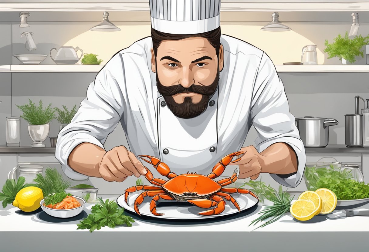A chef prepares and serves raw crab on a clean, white plate with a garnish of fresh herbs and a squeeze of lemon
