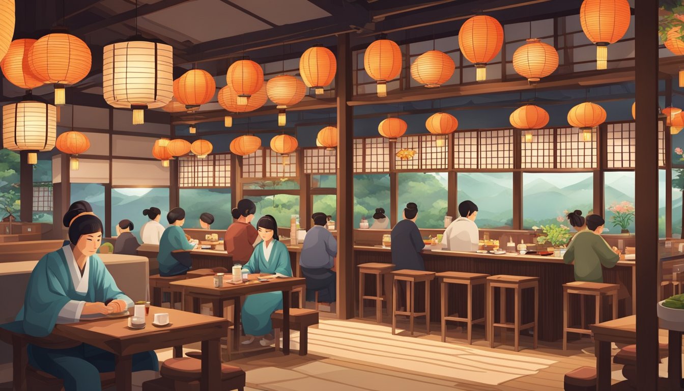 A cozy Japanese restaurant with traditional decor, low tables, and paper lanterns. Sushi chefs behind the bar, serving fresh, colorful dishes