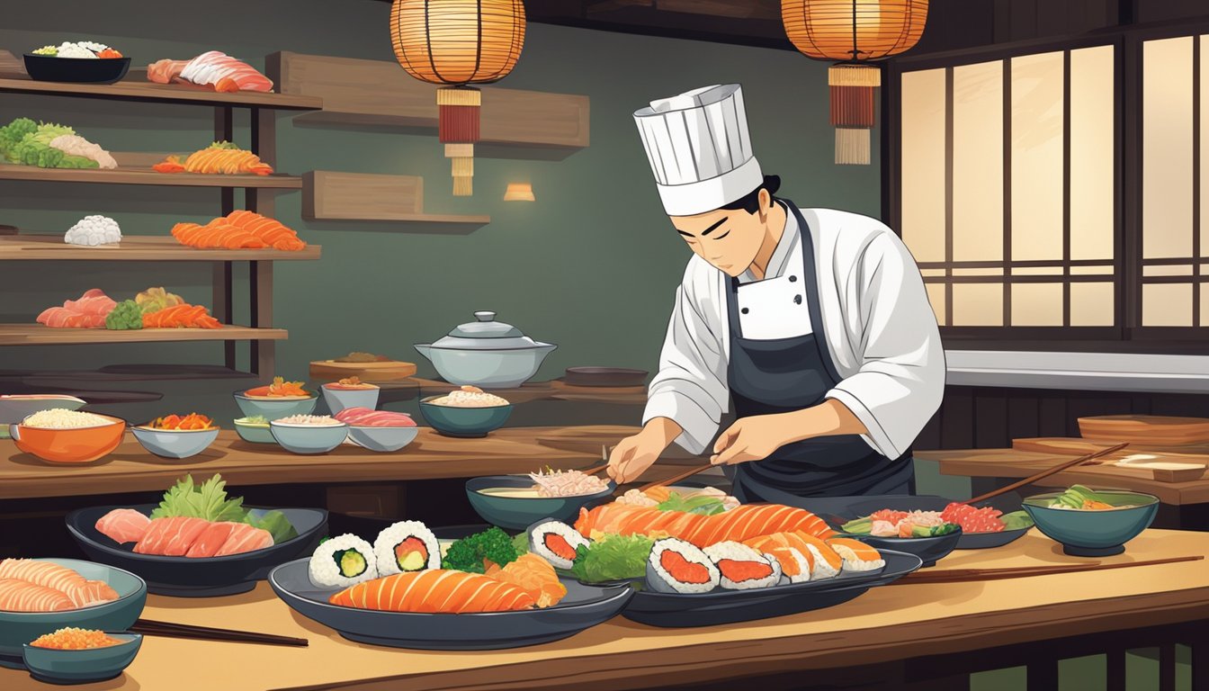 A table set with colorful sushi rolls, sashimi, and tempura. A chef prepares a steaming bowl of ramen in the background. Traditional Japanese decor adorns the walls