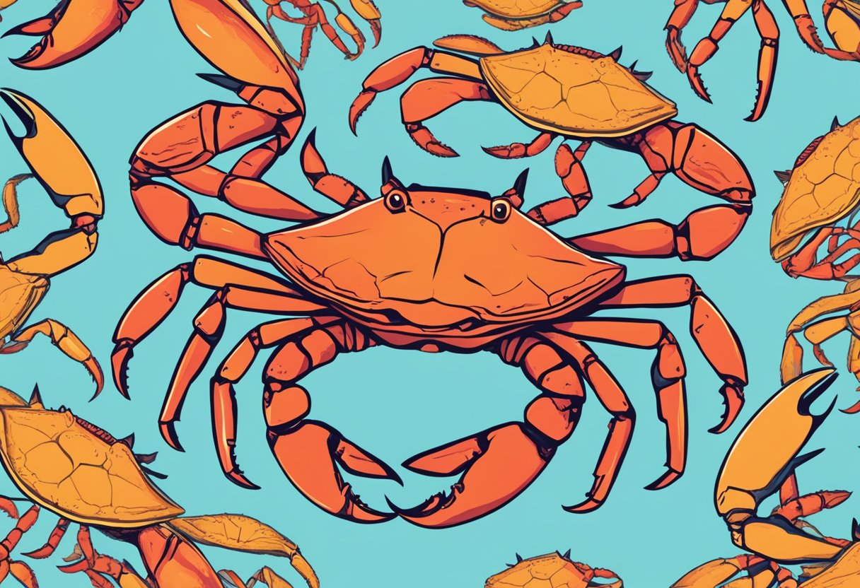 A raw crab surrounded by question marks, suggesting confusion or uncertainty