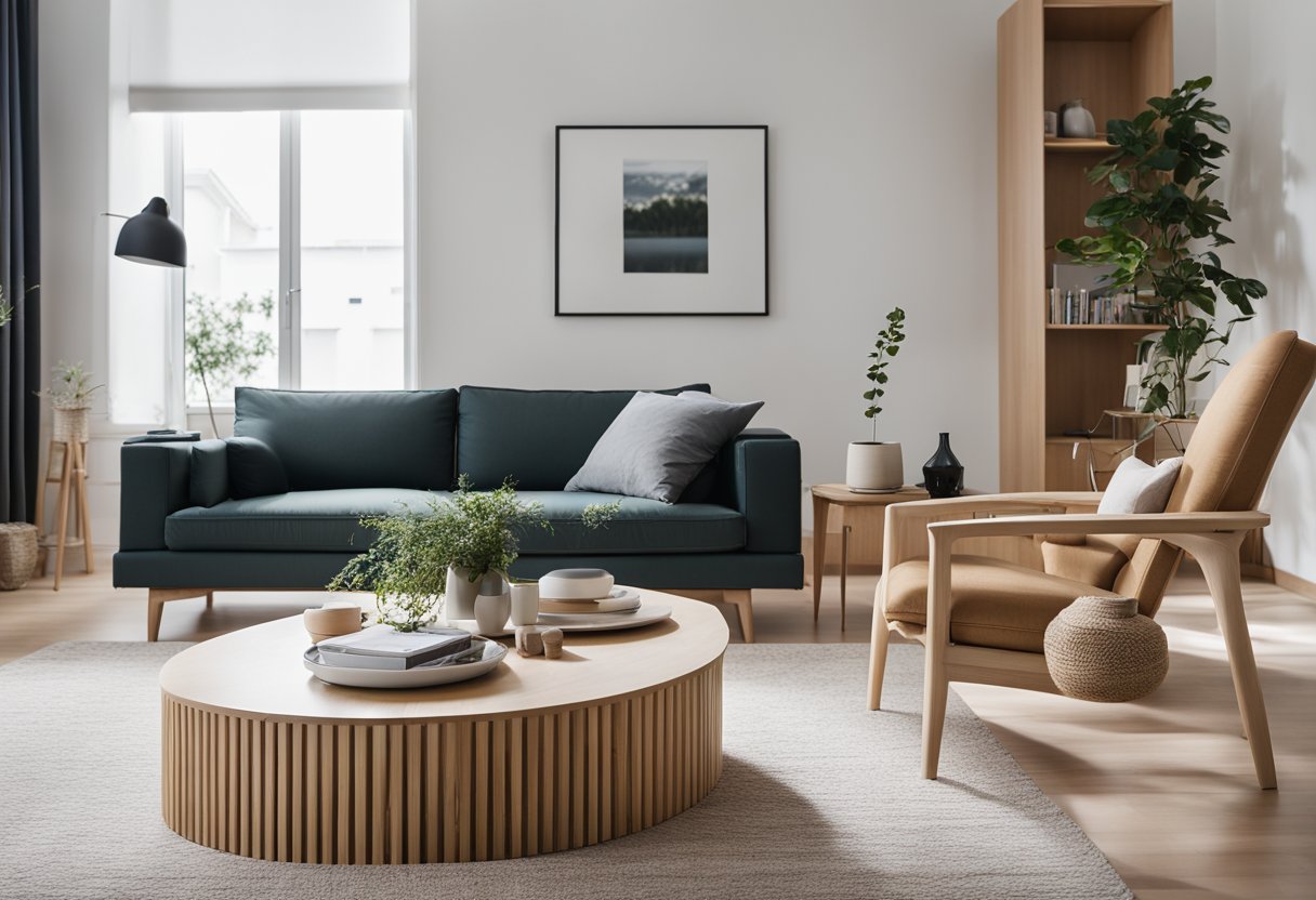 A modern living room with minimalist design, featuring sleek, affordable Scandinavian furniture from Singapore. Clean lines, light wood tones, and functional pieces create a stylish yet budget-friendly space