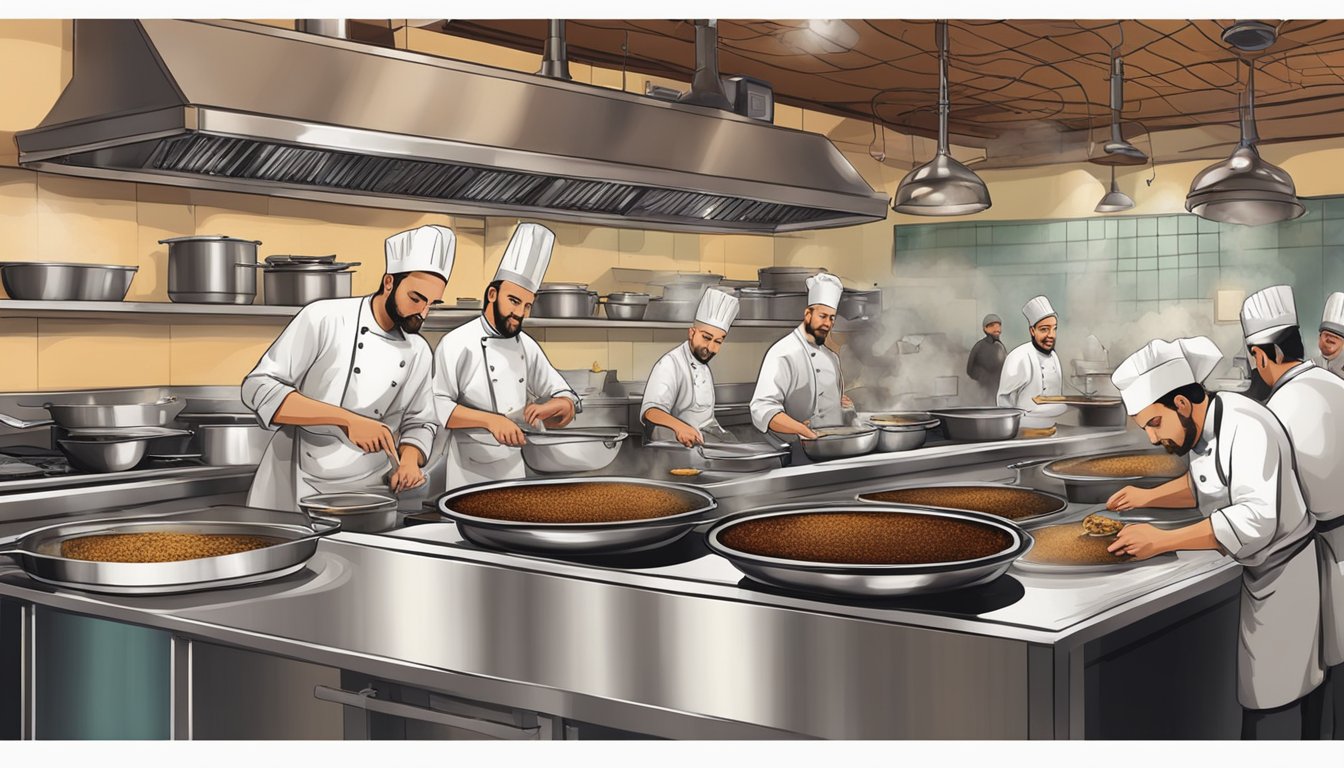 A bustling kitchen at Oud Restaurant, with chefs working over sizzling pans and aromatic spices filling the air