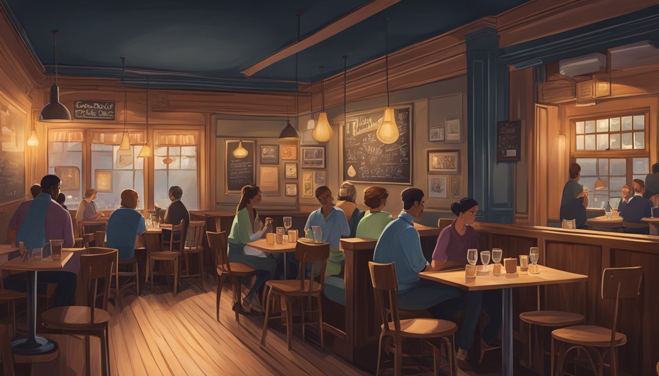 A cozy restaurant with dim lighting, wooden tables, and a chalkboard menu. Soft jazz music plays in the background as patrons chat and enjoy their meals