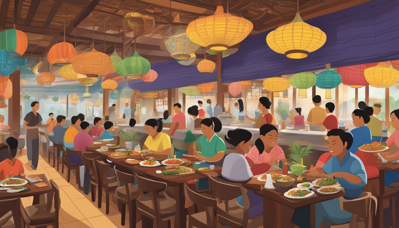 A bustling Indonesian restaurant with vibrant decor, sizzling woks, and aromatic spices filling the air. Patrons enjoy colorful dishes while servers bustle about