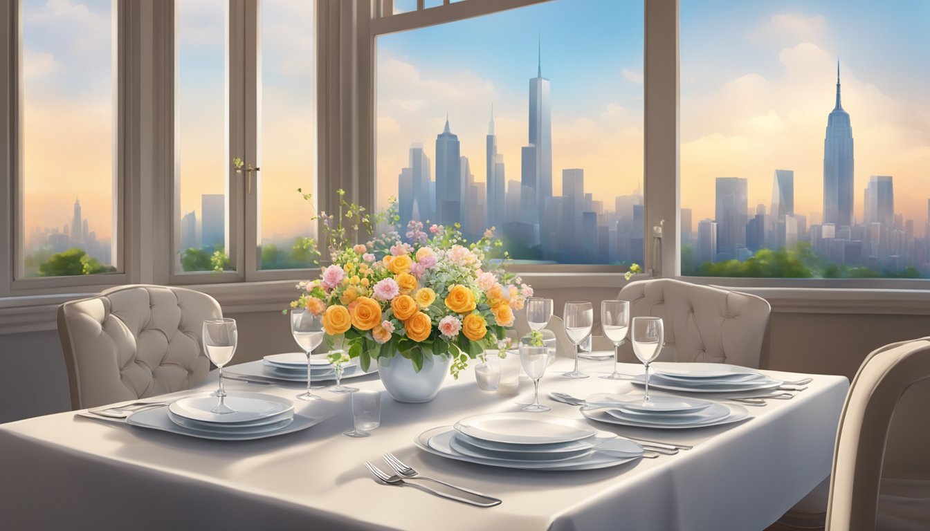A table set with elegant cutlery and plates, adorned with a vase of fresh flowers, in a softly lit dining room with large windows overlooking the city skyline