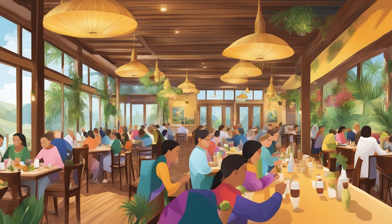 The bustling Pangium Restaurant, filled with colorful decor and the aroma of exotic spices, as diners savor dishes at wooden tables