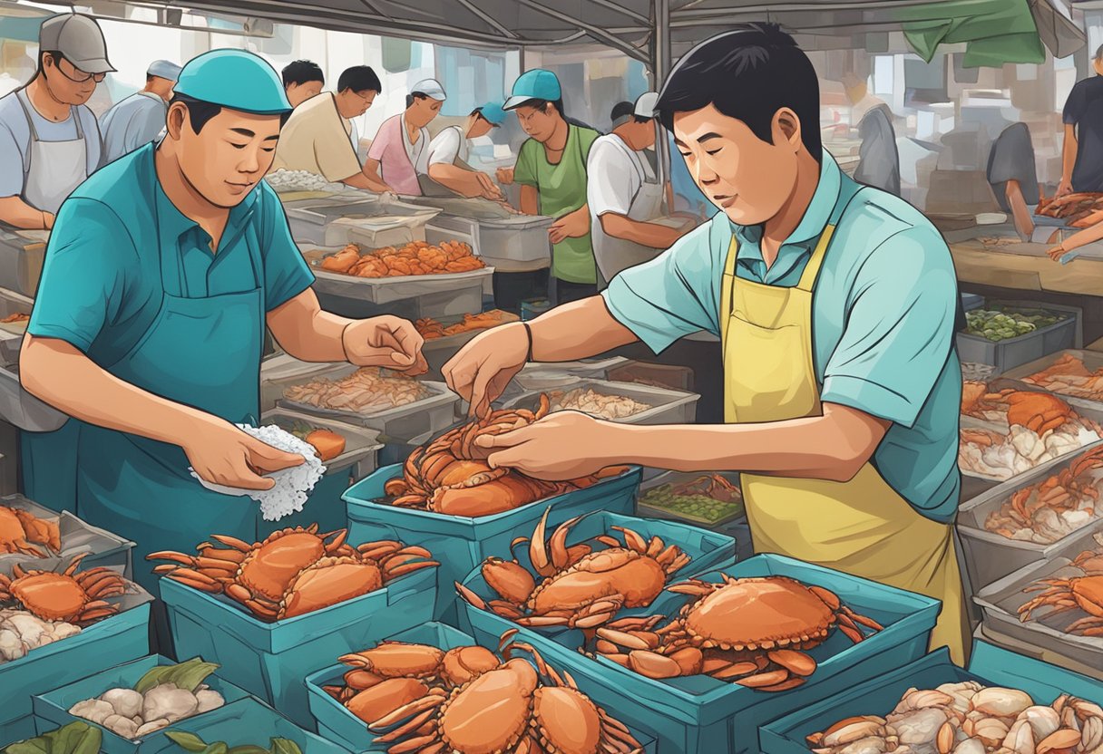 A crab vendor expertly dissects a raw crab at a bustling market in Singapore