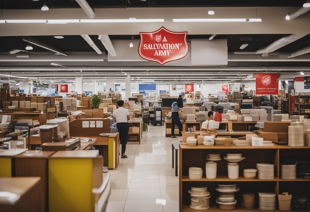 A bustling Salvation Army Singapore furniture store with shelves of neatly arranged items and customers browsing for bargains