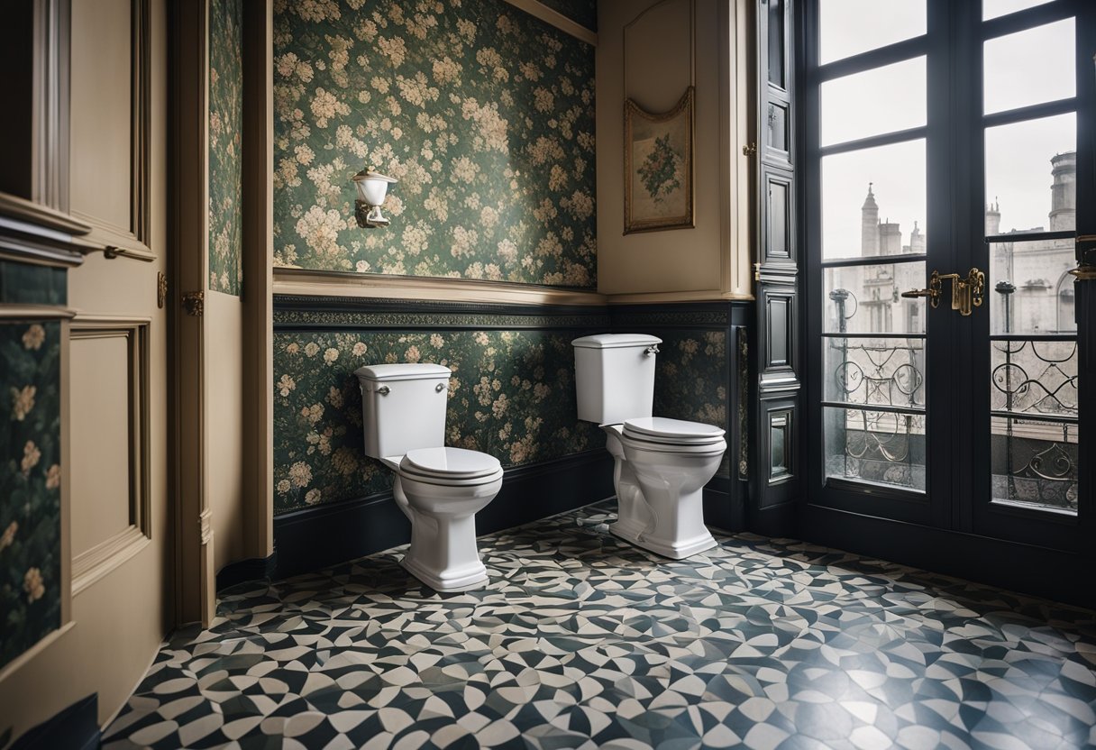 A Victorian toilet with ornate floral patterns, high-backed cistern, and pull chain flush