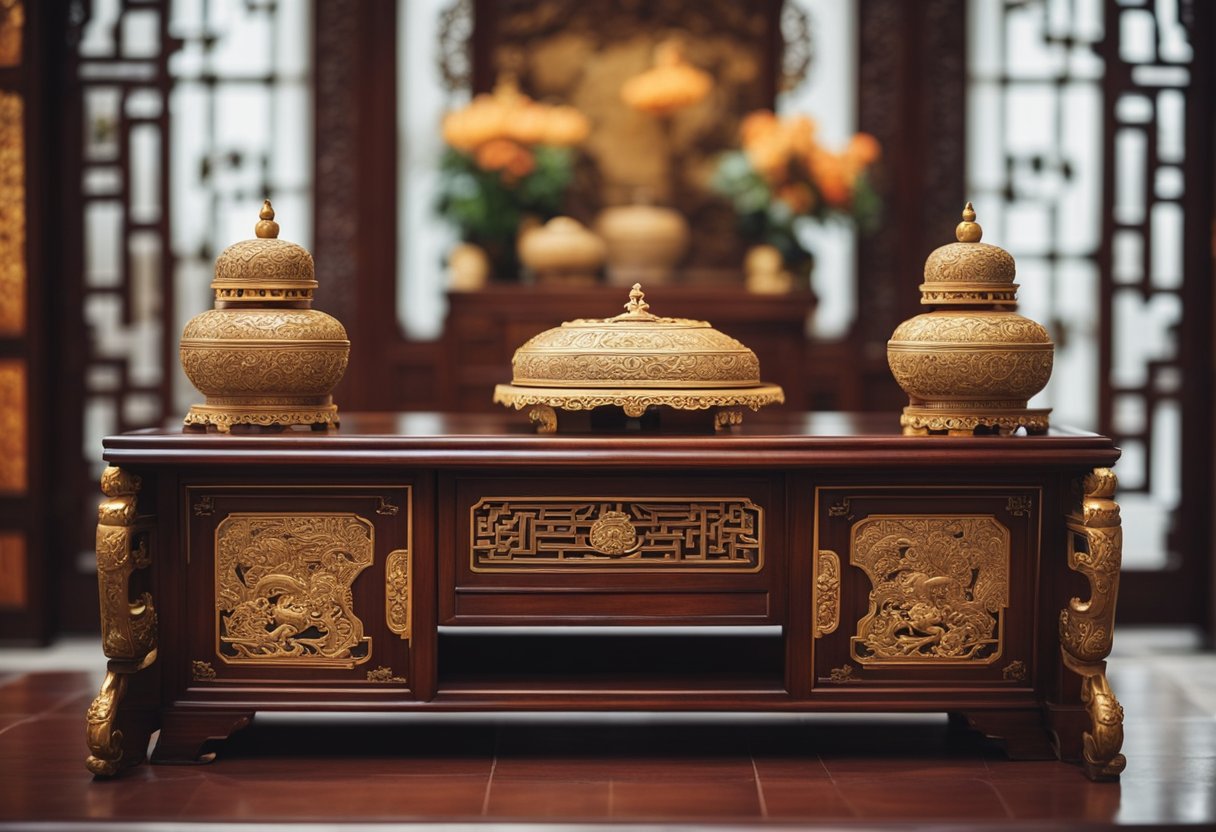 A traditional Chinese altar with ornate furniture in a Singaporean home. Rich wood carvings, intricate designs, and symbolic decorations