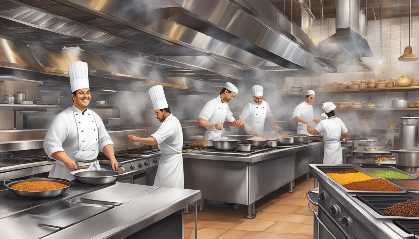 A bustling kitchen with chefs at work, steam rising from sizzling pans, and the aroma of exotic spices filling the air. The dining area is alive with chatter and laughter, as the staff move gracefully among the tables, attending to the needs of the