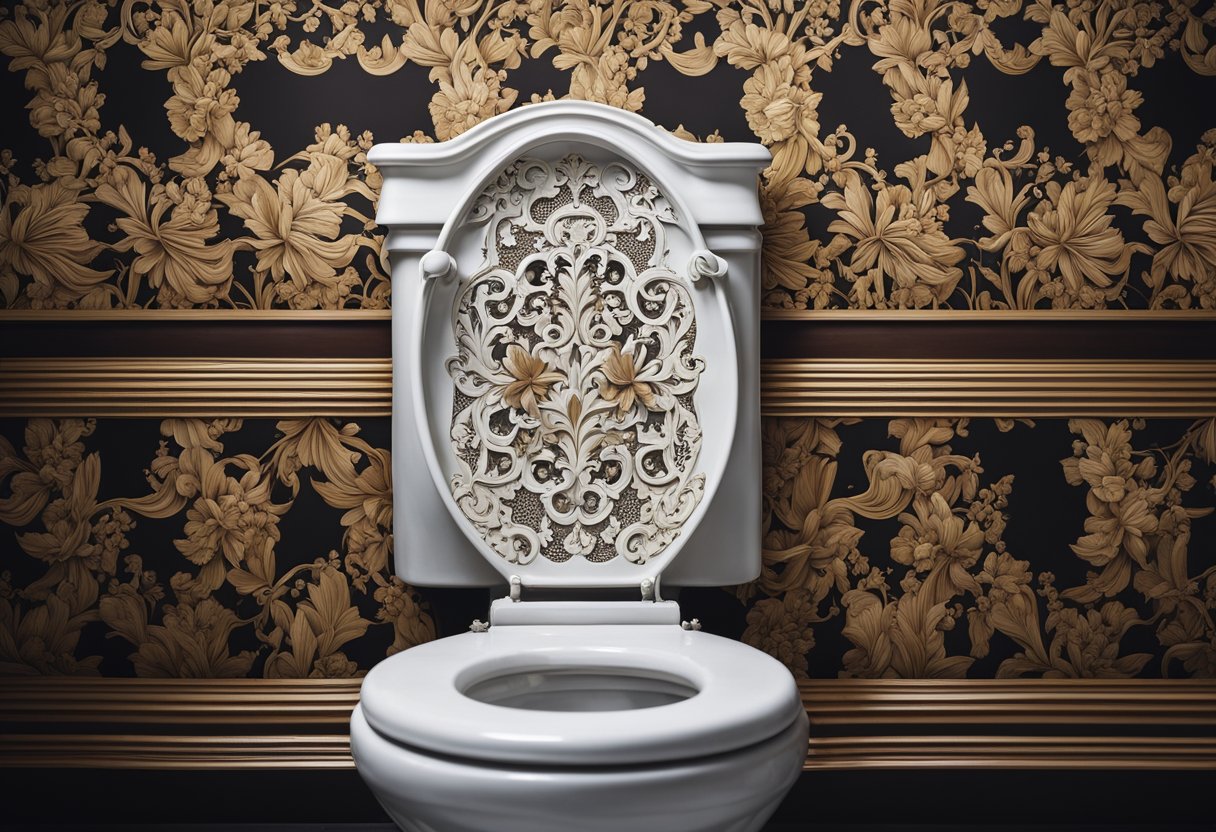 A Victorian toilet with ornate floral patterns, intricate metalwork, and a high-backed wooden seat