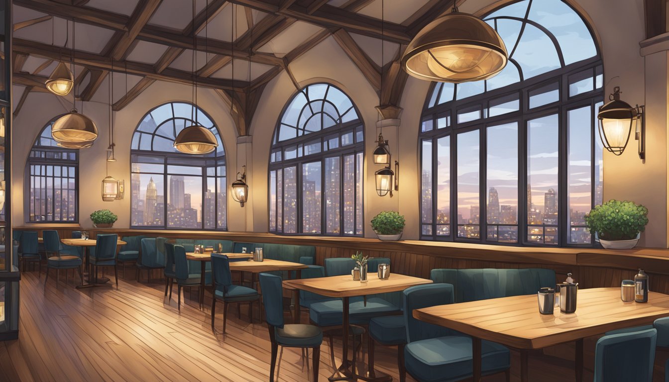 The arch restaurant: A cozy, dimly lit space with rustic wooden tables, hanging pendant lights, and a large arched window overlooking a bustling city street